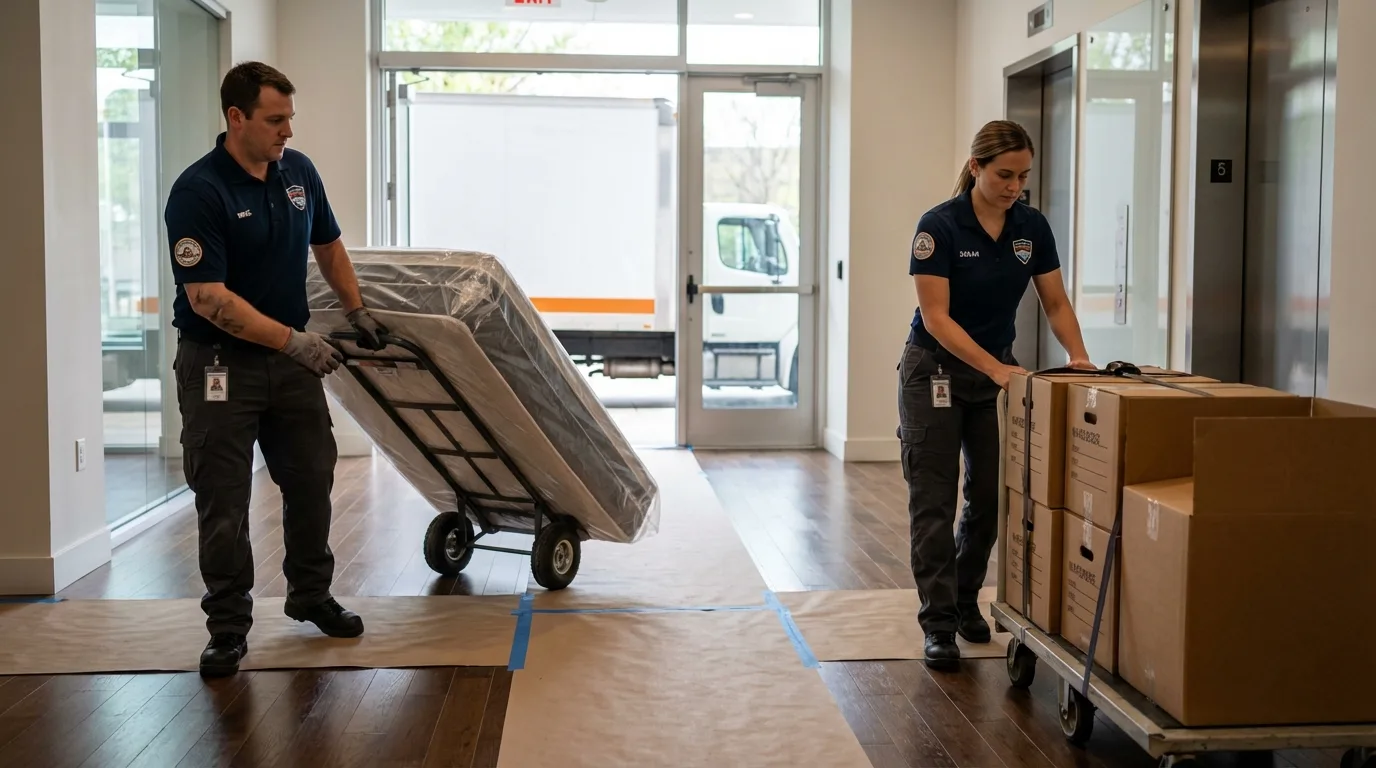 Professional apartment movers loading elevator in Minden, NE