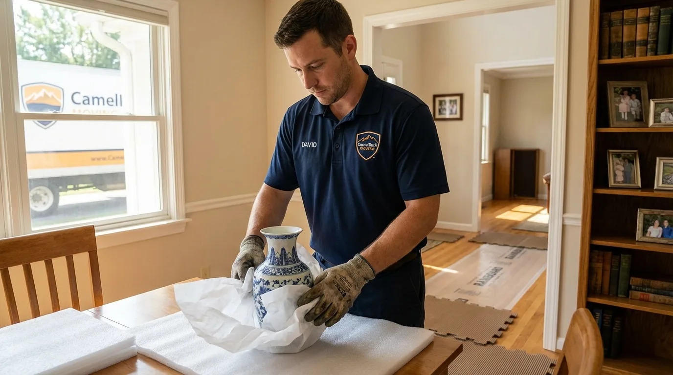 Professional crew carefully wrapping antique vase for senior downsizing move in Minden, NE