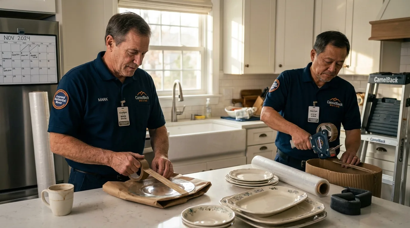 Professional crew packing kitchen dishware in Minden, NE